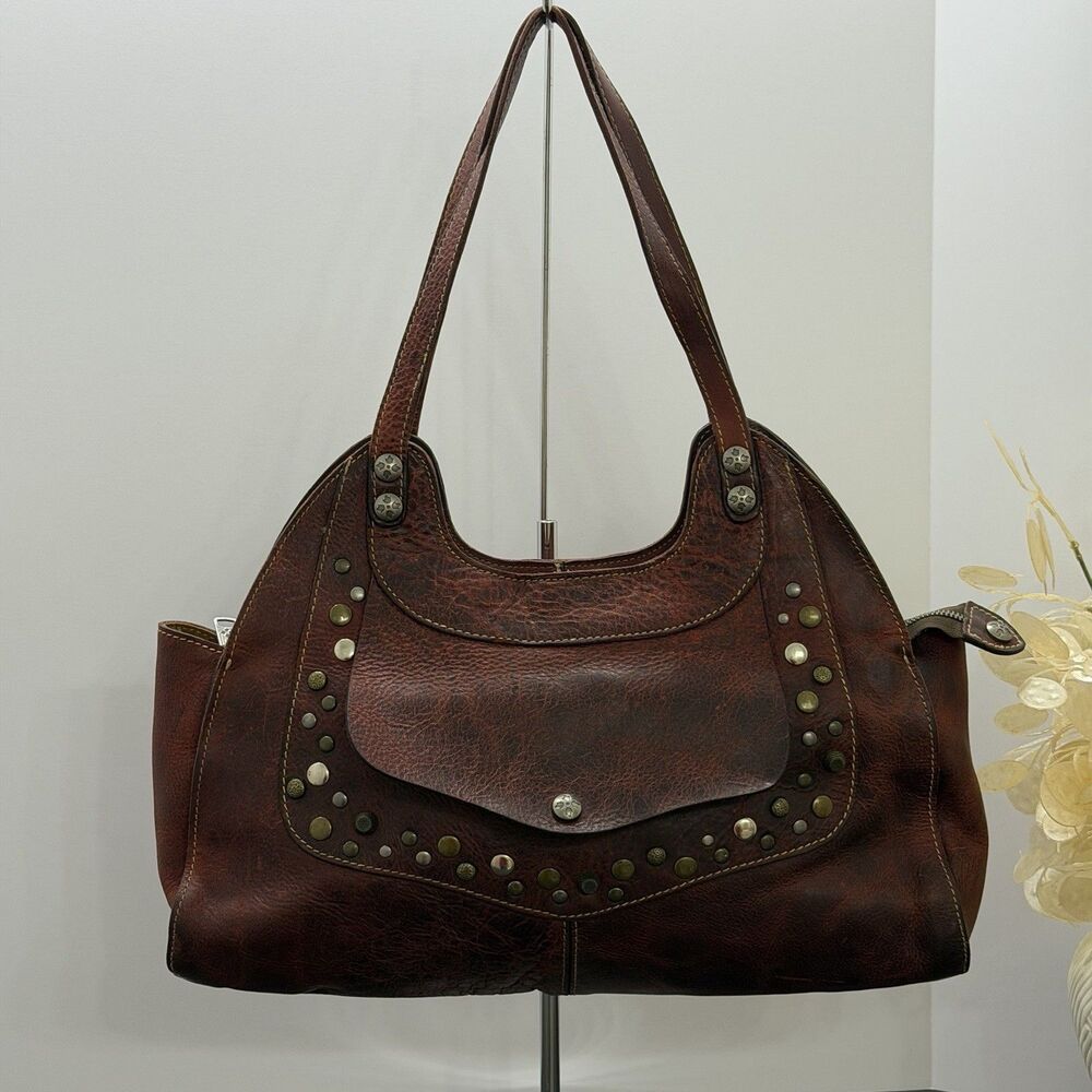 Patricia Nash Brown Leather Studded Shoulder Bag Hobo Purse Distressed Western